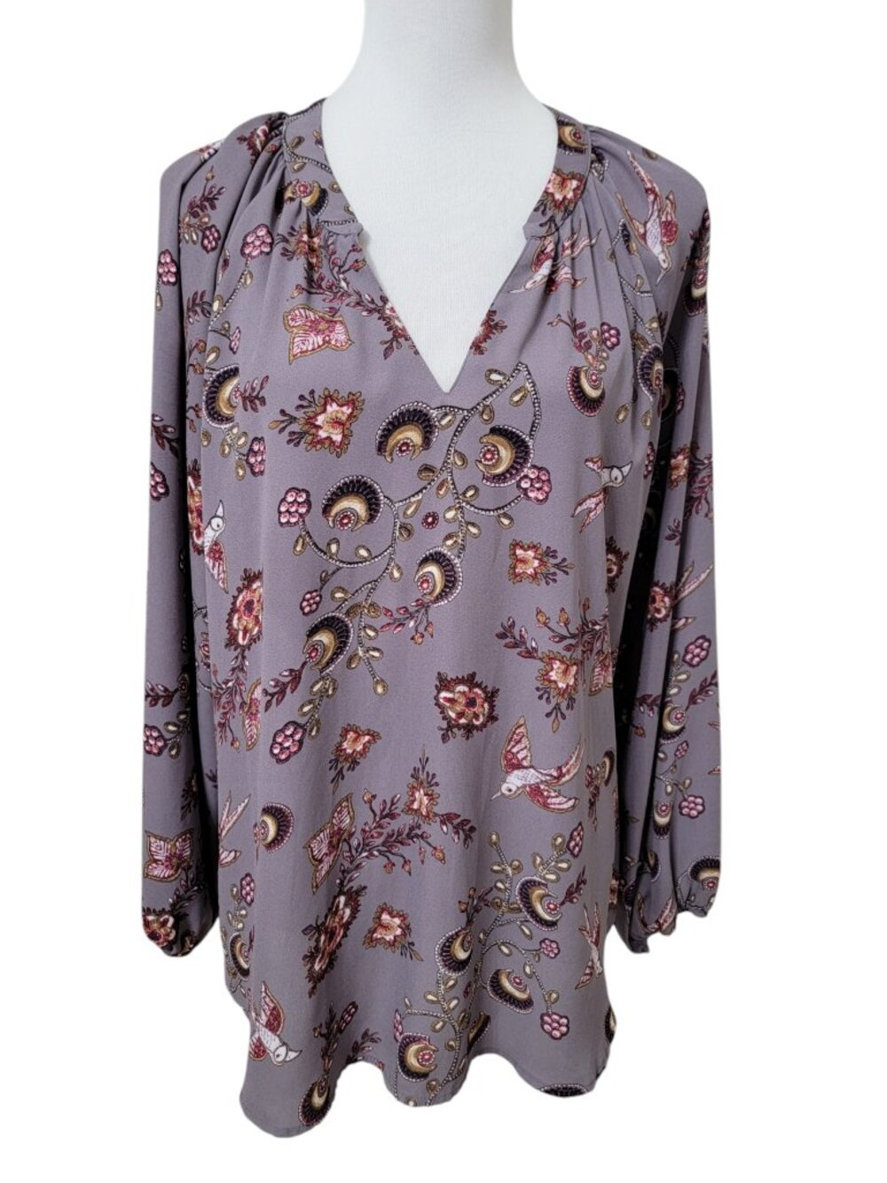 SOHO New York & Company Size L Dusty Purple-Gray Floral Boho Long Sleeve Blouse